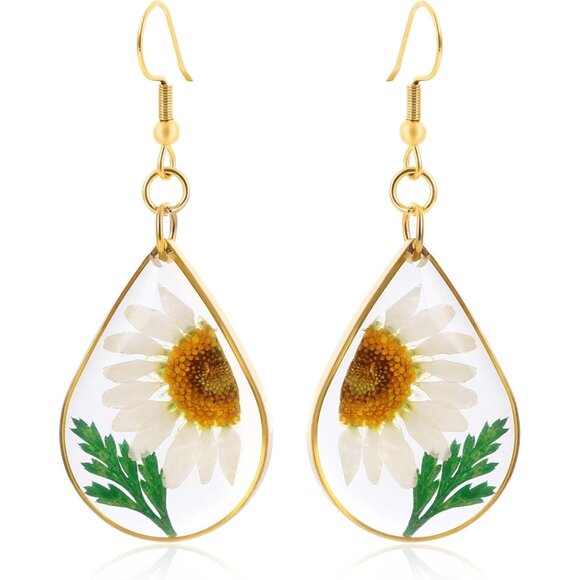 Mums Gold Dry Flower Statement Vintage Long Summer Earring for Women Jewelry - Picture 1 of 9